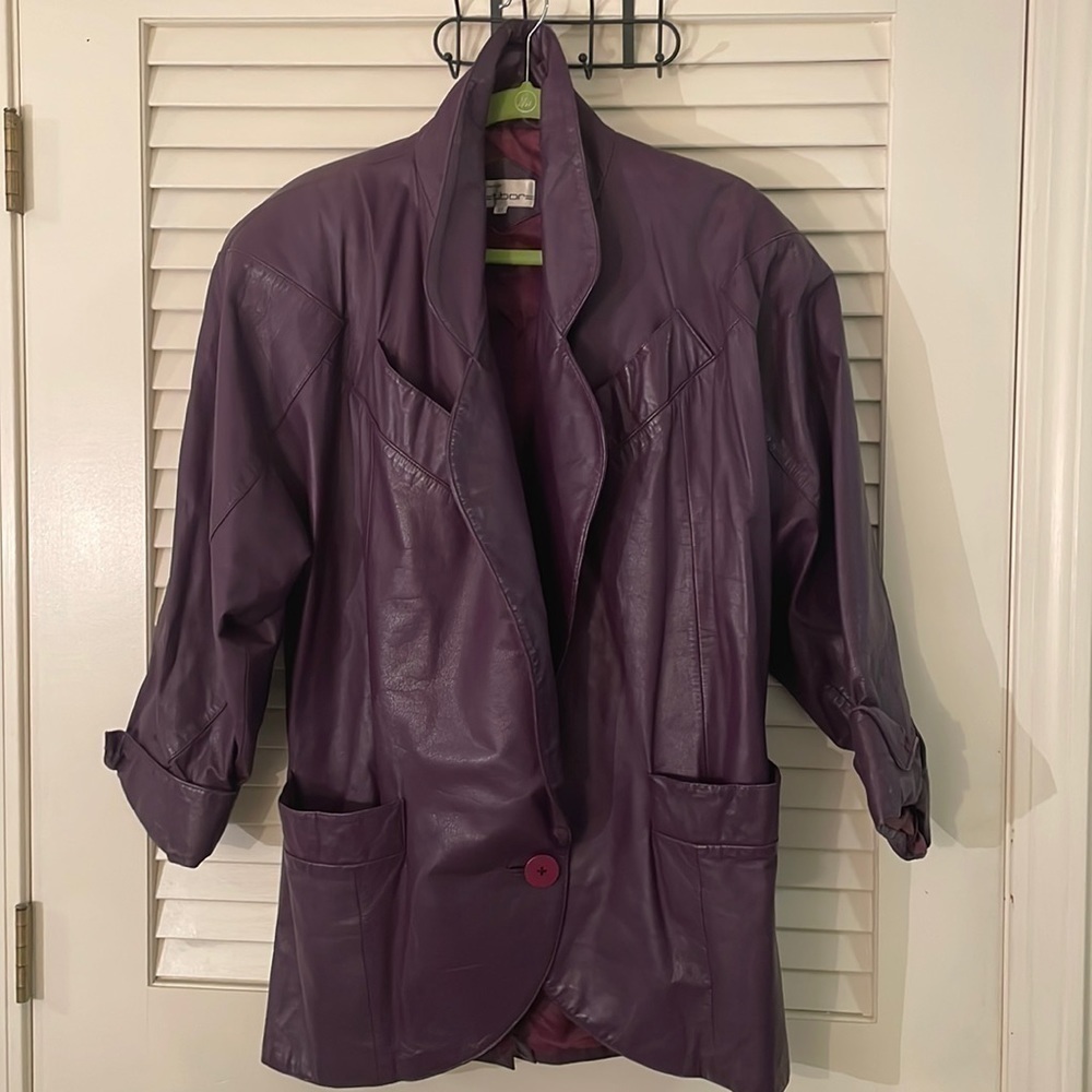 VINTAGE Tibor Leather Purple Jacket Coat Shawl Collar Oversized XS More like M/L